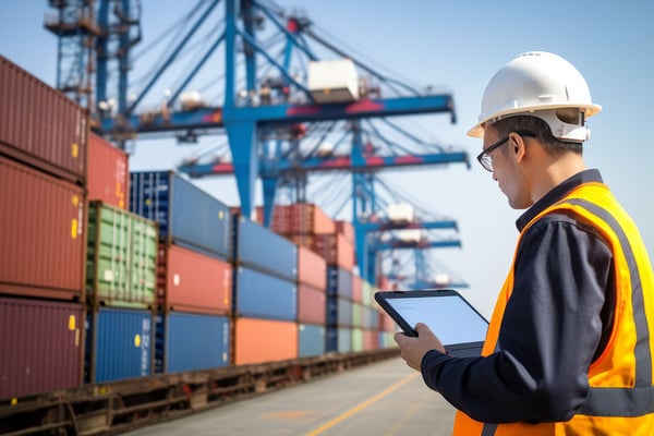 Mann vor Container im Hafen