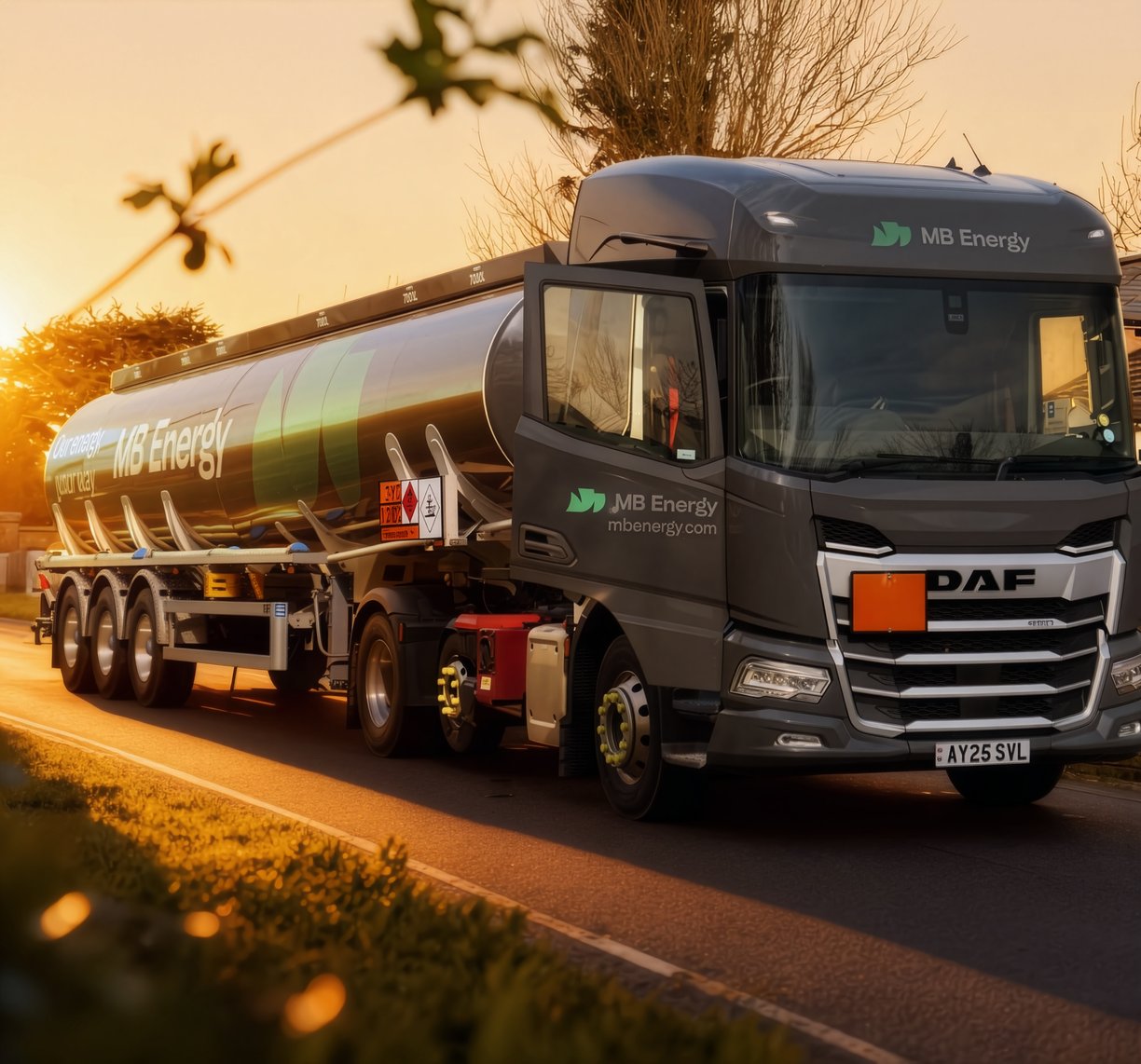 MB Energy UK truck illuminated by sunlight during delivery.