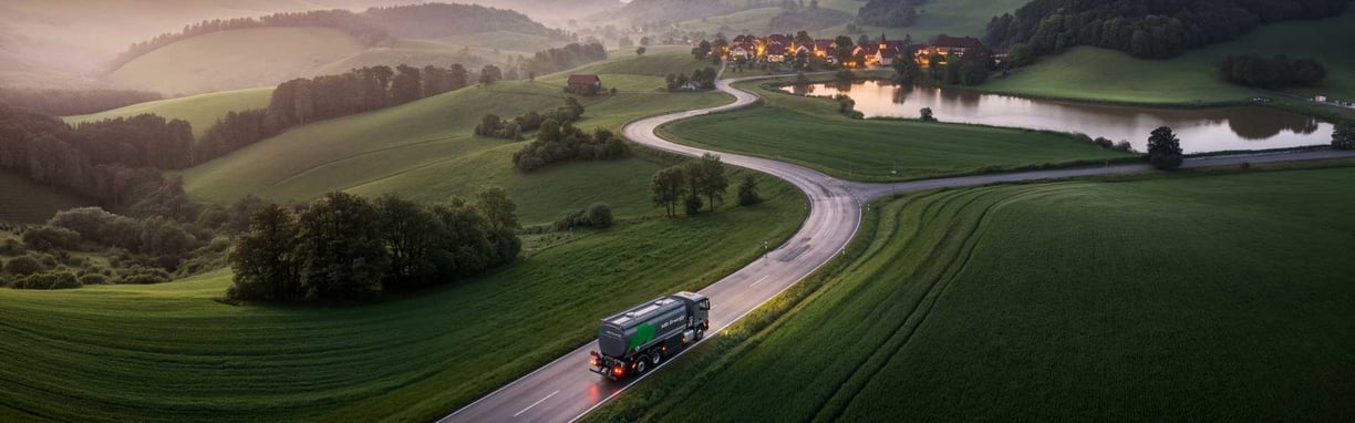Tanklastwagen von MB Energy fährt auf Landstraße in Abenddämmerung