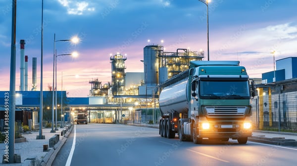 Tanker truck driving on road, transporting chemicals to industrial refinery plant at sunset, energy infrastructure