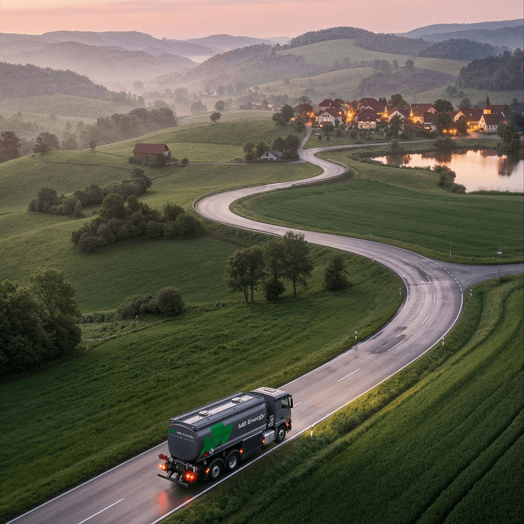 Ein Tanklastwagen von MB Energy auf einer kurvenreichen Landstraße in einer ländlichen, hügeligen Landschaft