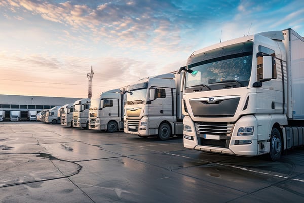 Lkw-Flotte im Straßentransport mit AdBlue Versorgung im Logistikbetrieb