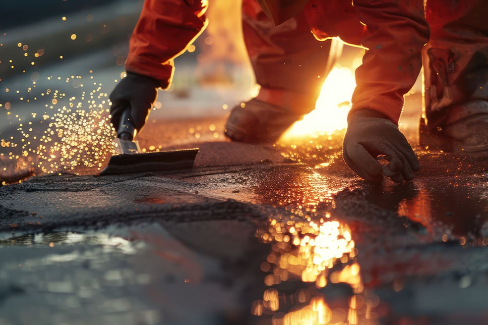 Facharbeiter verarbeitet flüssiges Bitumen bei industrieller Spezialanwendung