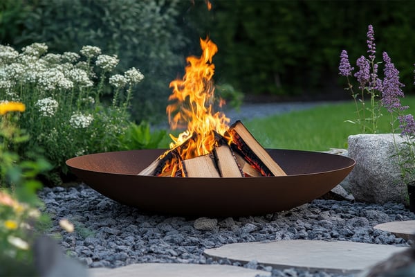 Feuerschale im Garten mit trockenem Kaminholz am Abend