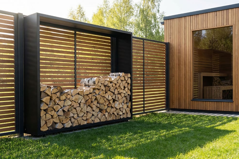 Holzunterstand im Garten zur trockenen Lagerung von Kaminholz