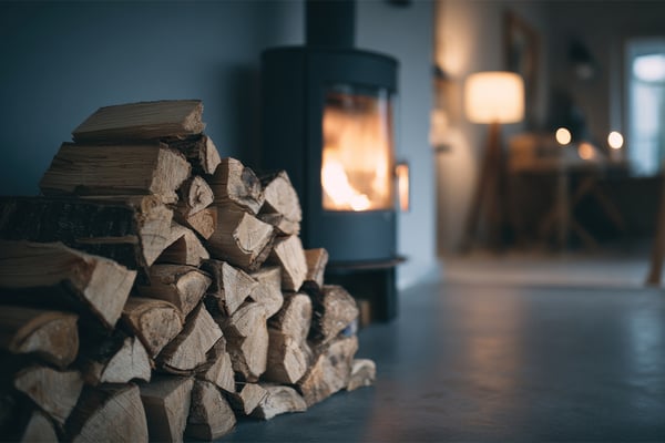 Kaminofen mit gelagertem Buchenholz zur Heizplanung