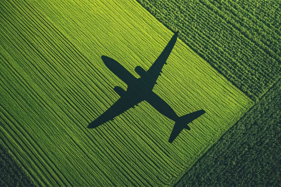 Modell eines modernen Flugzeugs im Flug über Wolken