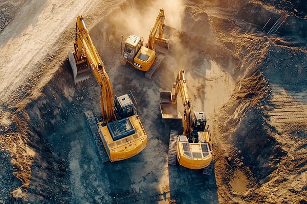 Baumaschinen und Bagger im Einsatz mit HVO-Kraftstoff auf Großbaustelle
