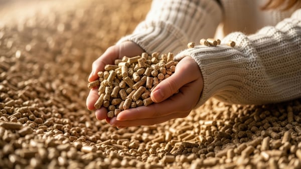Hand umschließt Holzpellets