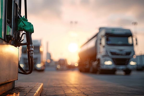 Fuel station and transport trucks during sunrise logistics operation