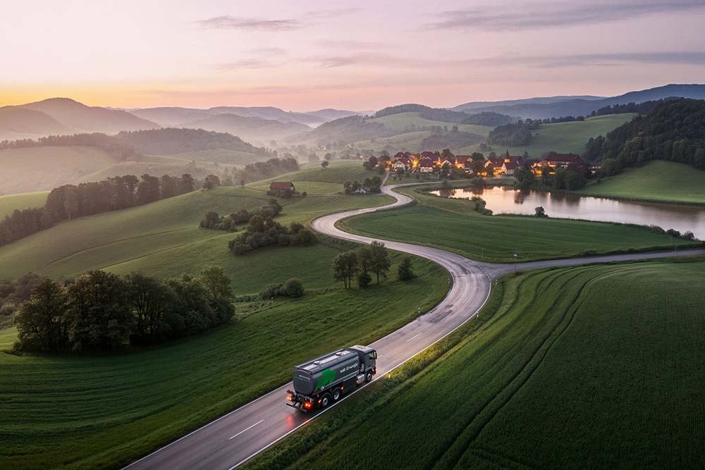 MB Energy delivery truck against a landscape backdrop showcasing energy solutions
