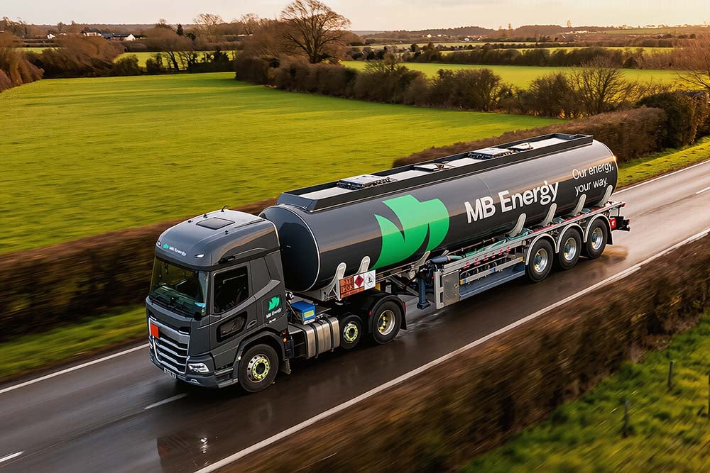 MB Energy fuel tanker transporting kerosene across rural UK roads