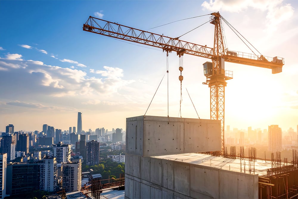 Crane lifts concrete block at sunset