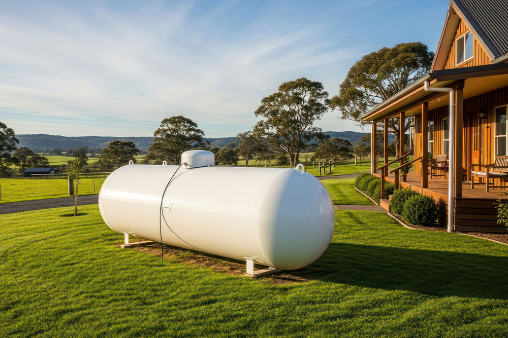 White liquid gas tank next to a rural house