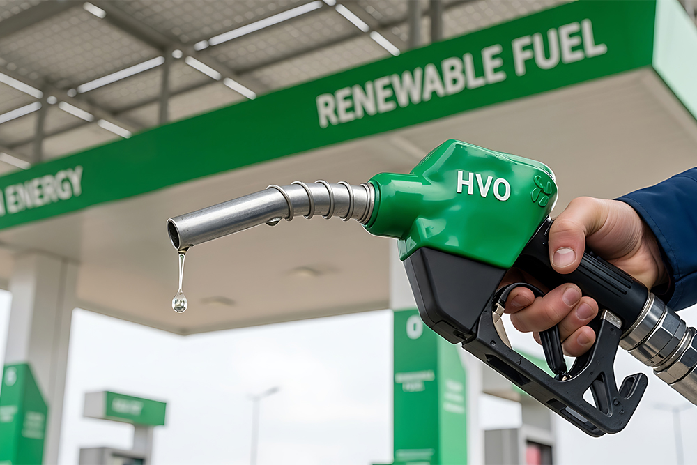 HVO-Zapfpistole an Tankstelle als Symbol für erneuerbaren Diesel im Bau- und Fuhrparkbetrieb