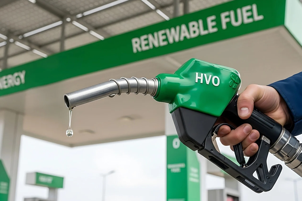 HVO-Zapfpistole an Tankstelle als Symbol für erneuerbaren Diesel im kommunalen Fuhrpark 