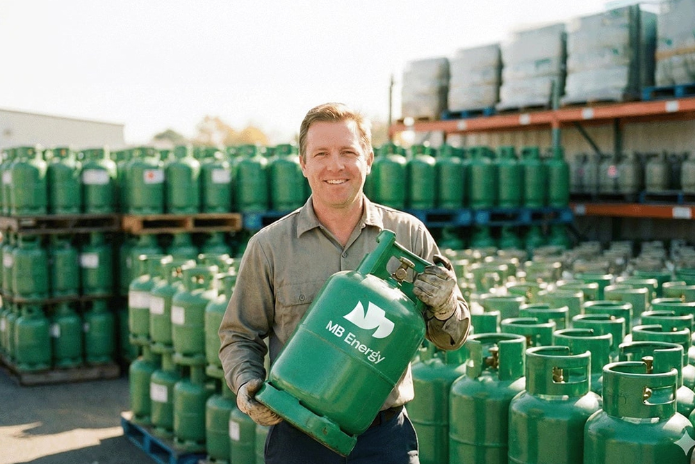 Person trägt Flaschengasbehälter vor gelagerten Gasflaschen als ergänzendes Produkt im Energiehandel