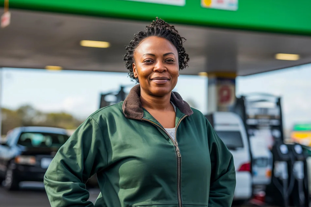 Mitarbeiterin im Tankstellenshop steht für den Verkauf von Zusatzprodukten wie AdBlue und Schmierstoffen