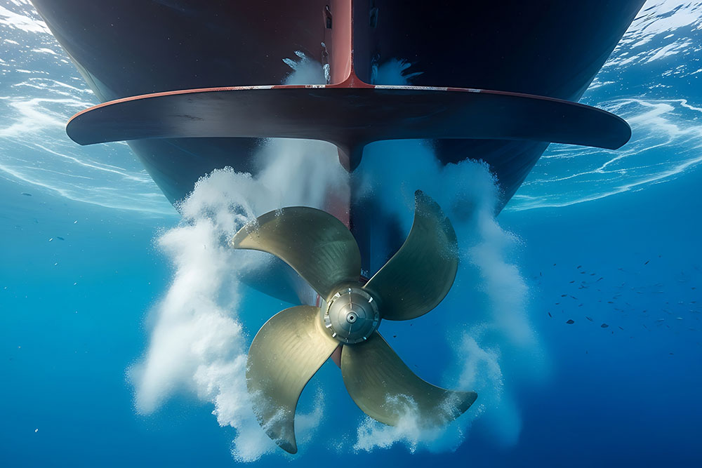A ship's propeller underwater as a symbol of marine fuels and propulsion technology 
