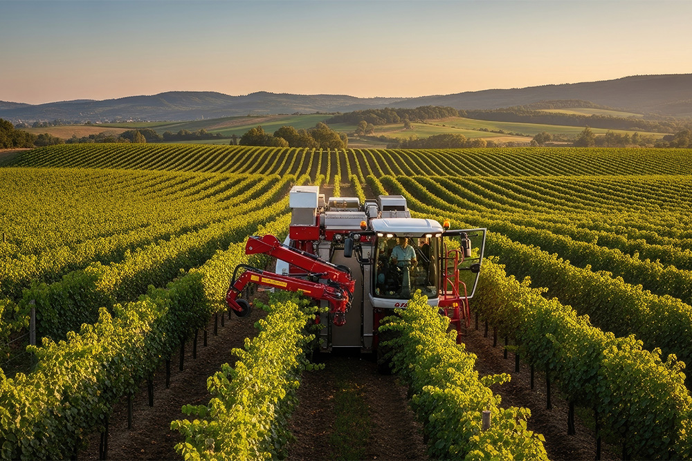 Harvesting machines during the grape harvest Agricultural machinery