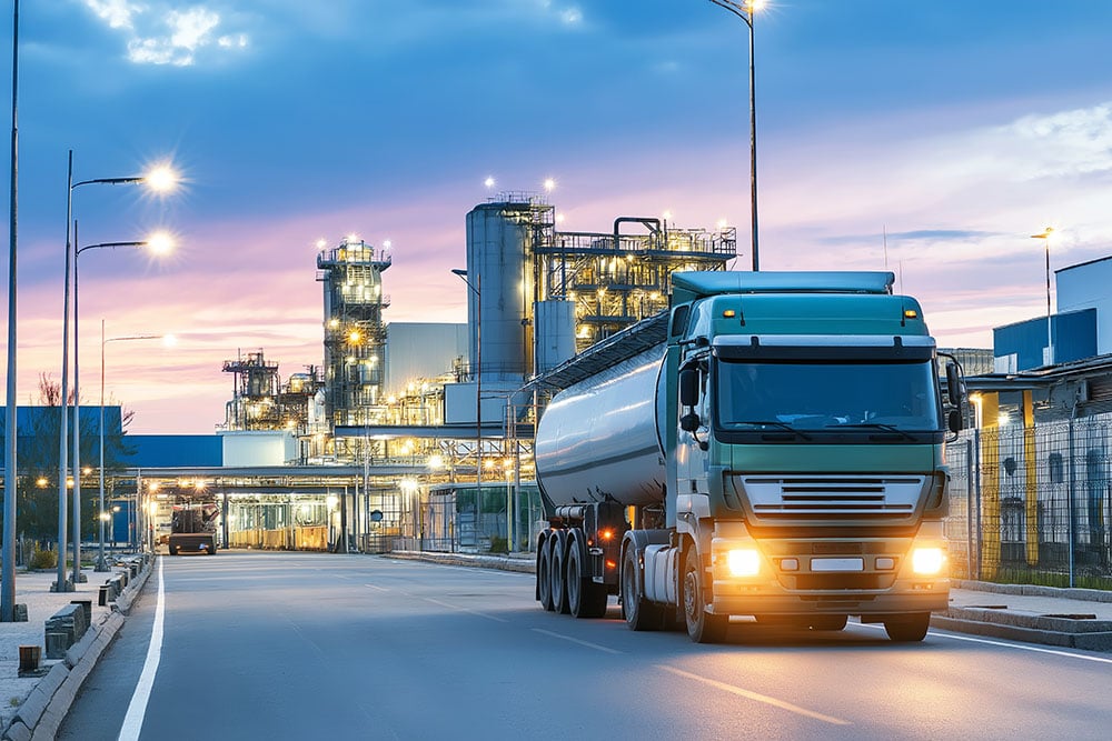 Tanker truck driving through a refinery delivering diesel fuel