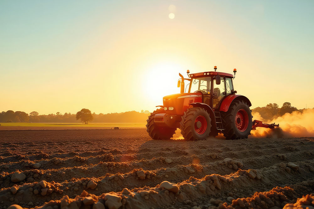 Tractor in a field at sunset