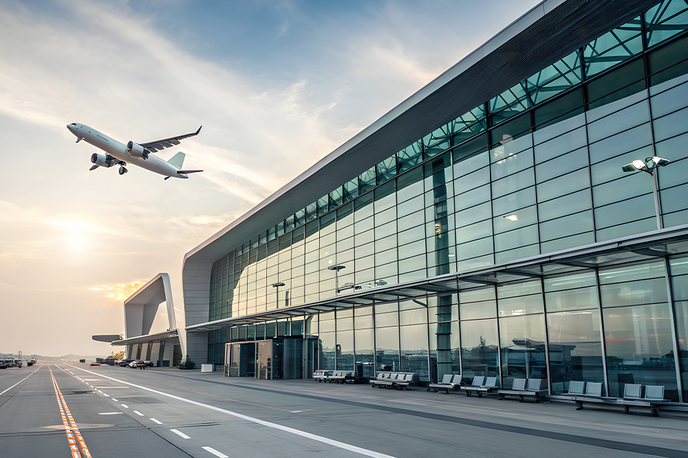 Flugzeug mit Flughafengebäude