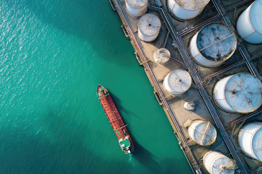 Energy for Marine use. Ship in Harbor at tank terminal.