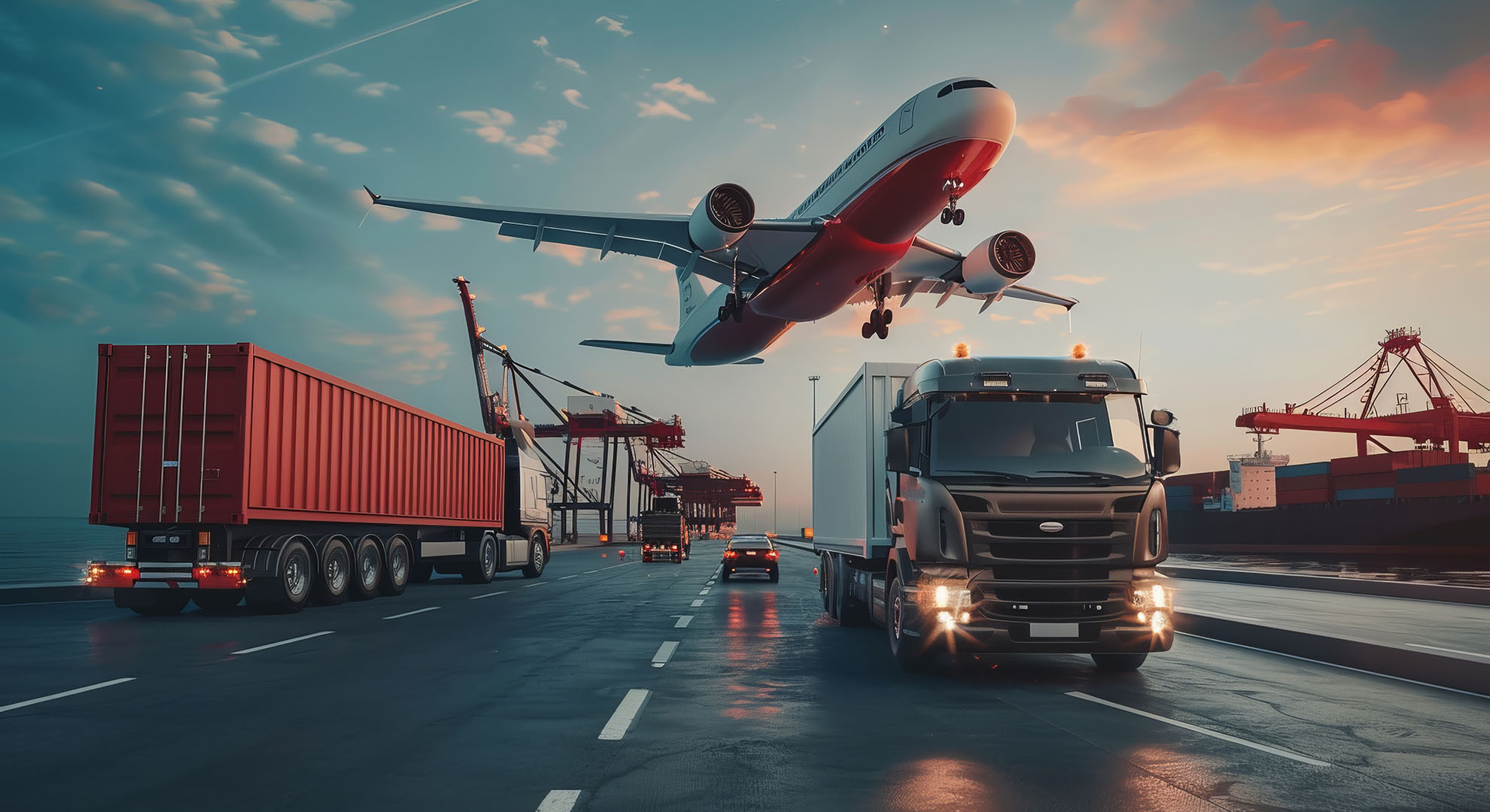 Airplane and truck in port