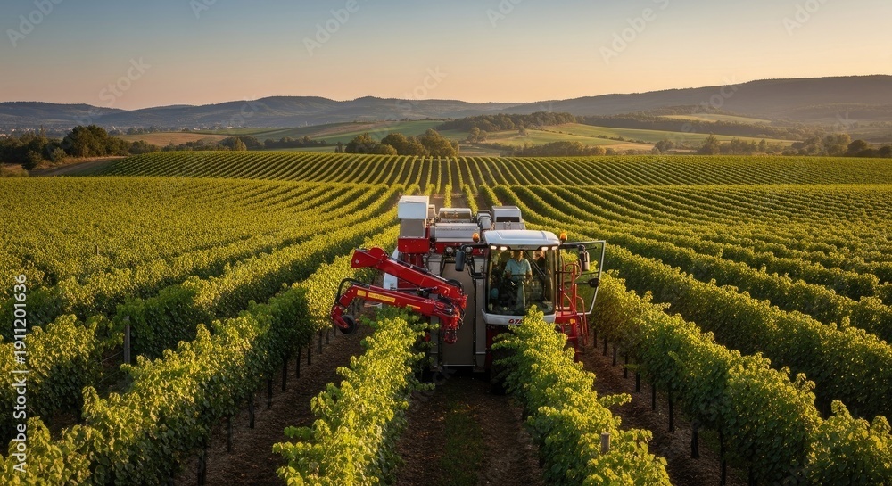 Harvesting machines during the grape harvest Agricultural machinery