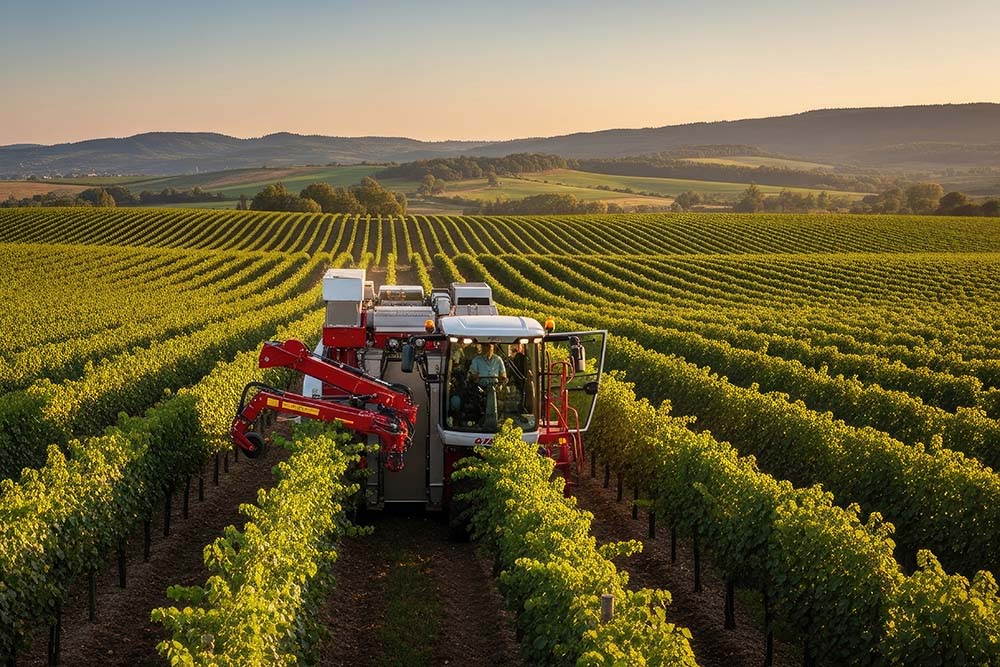 Landwirtschaftliche Erntemaschinen bei der Weinlese mit Kraftstoffversorgung