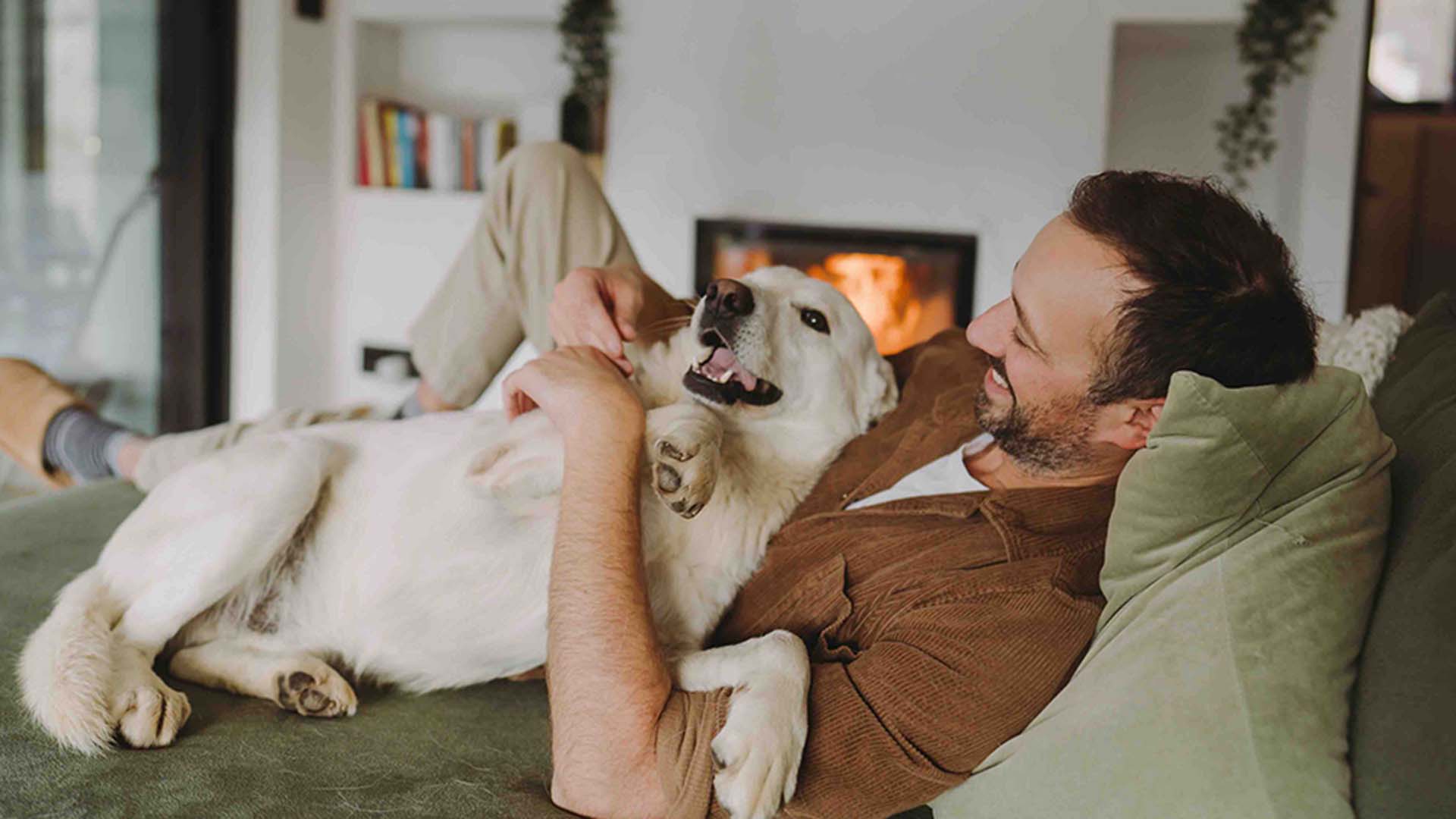 Mann entspannt mit Hund vor Kamin als Symbol für Wärme durch Pellets