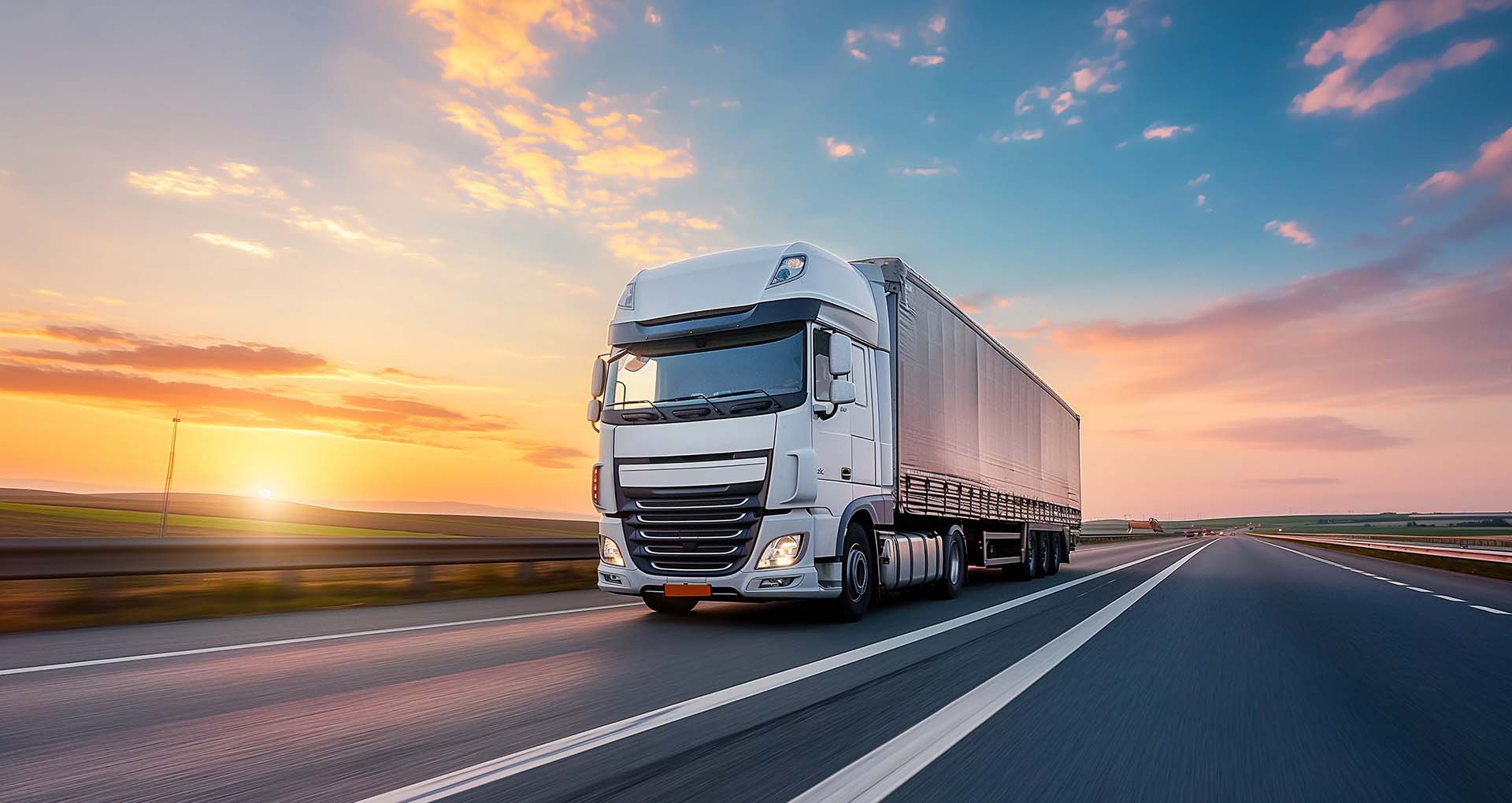 White diesel truck driving on motorway at sunset