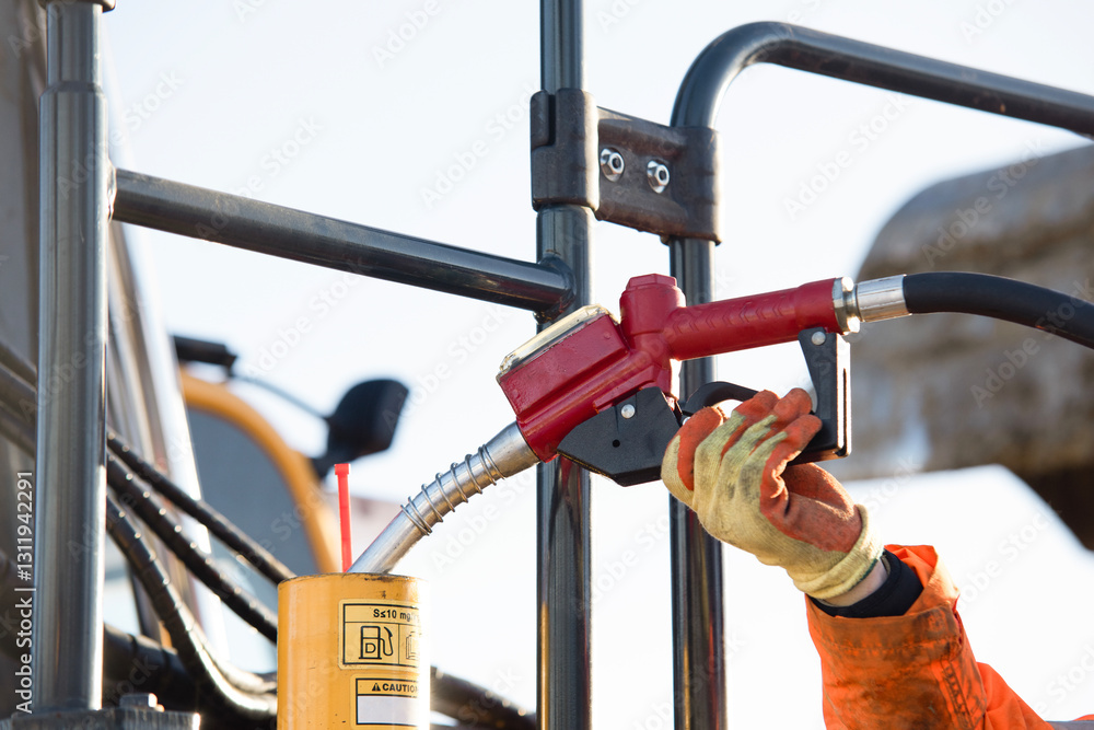 A worker fills up the diesel tank of a heavy construction machine on the construction site Industrial applications